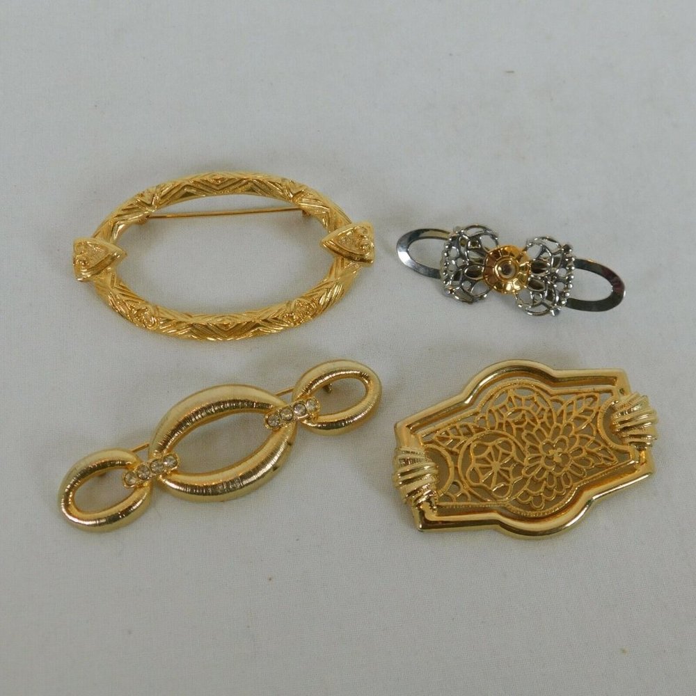 Lot of 4 Pin Brooches Gold Tone Silver Tone Rhinestones Infinity Bow Oval Hearts